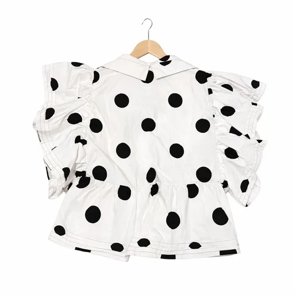 NWOT!! BUCKETLIST 100% Cotton Ruffled Short Sleeve White/Black Polka Dot Blouse - Picture 3 of 7